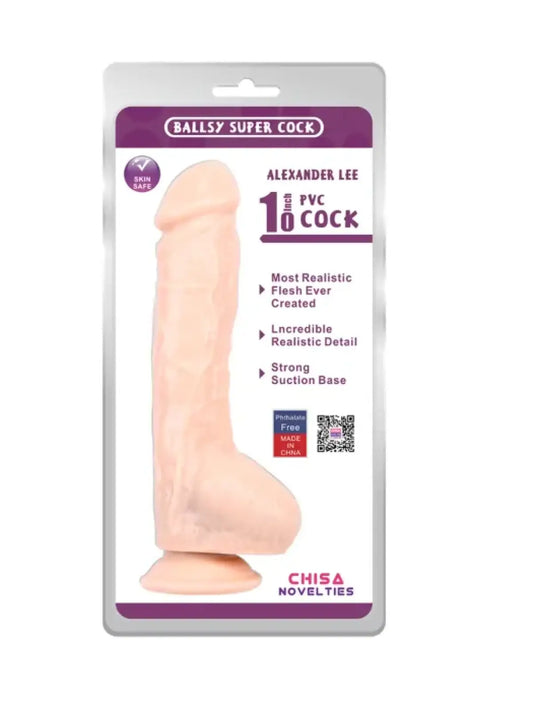 Alexander Lee realistinen dildo 10", pehmeä ja ihoystävällinen PVC, miellyttävä tuoksu ja imukuppi – tukeva nautintolelu arkeen.