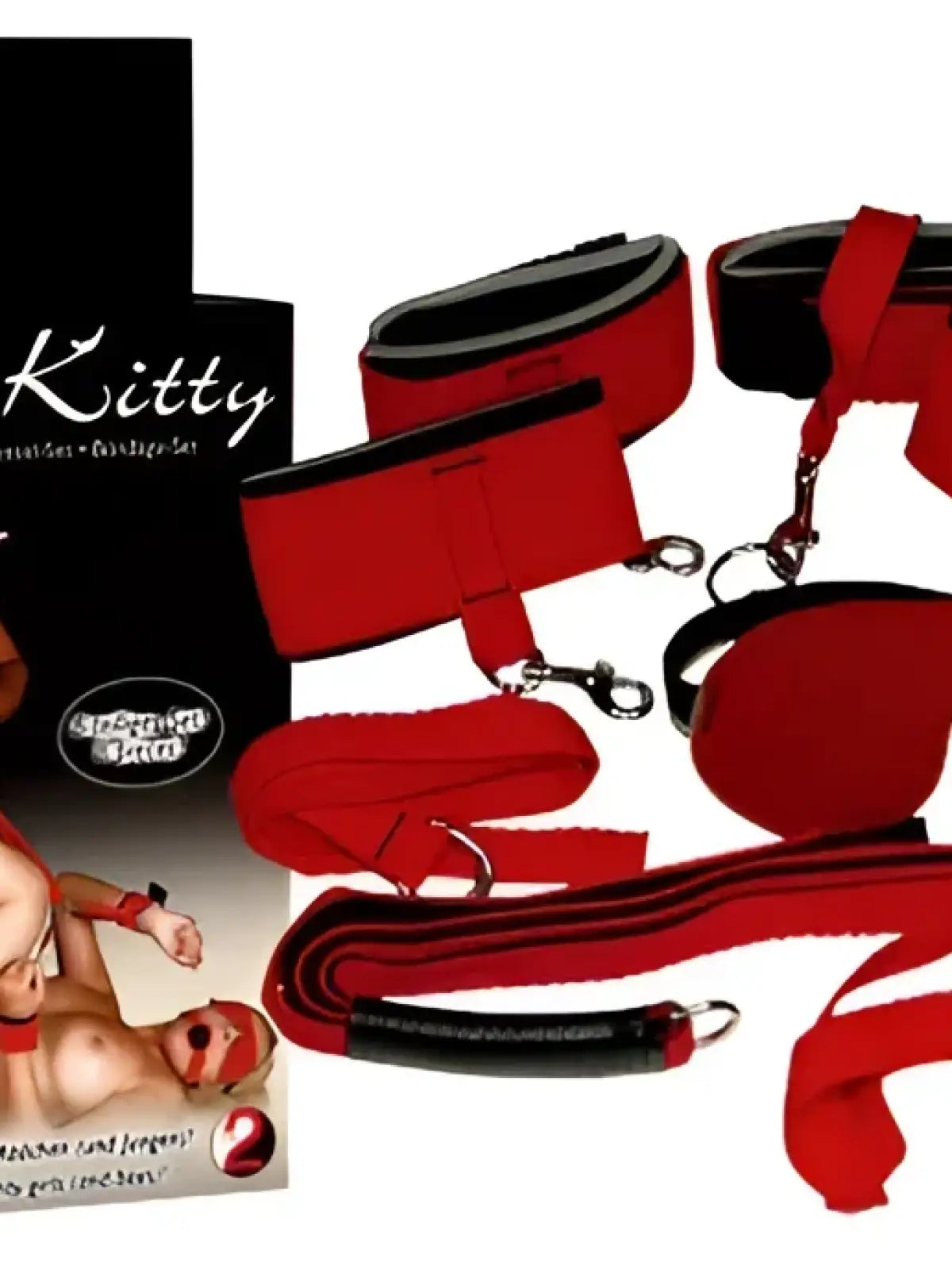 Bad Kitty Bondage -setti sisältää 8 osaa ja tarjoaa monipuolisia mahdollisuuksia eroottisiin sidontaleikkeihin kotona.