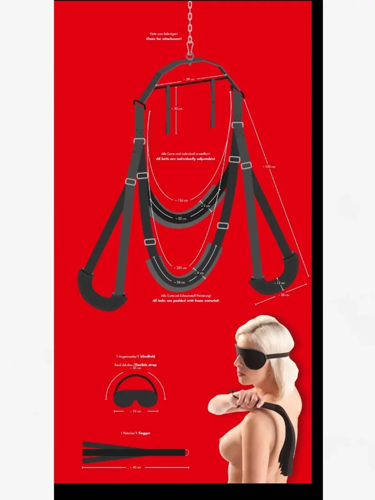 Bad Kitty seksikeinu kattoon, pehmustetut ja säädettävät remmit, 100 kg kantavuus, mukana silmämaski ja ruoska – intensiivistä leikkiä.