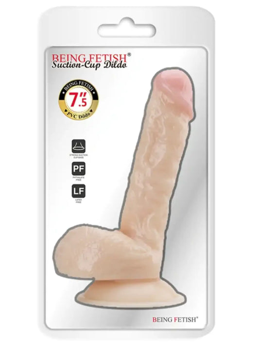 Being Fetish 7.5" dildo, täytettävä sisus esim. liukuvoiteelle, realistinen muotoilu, pehmeä PVC ja vahva imukuppi nautintoon.