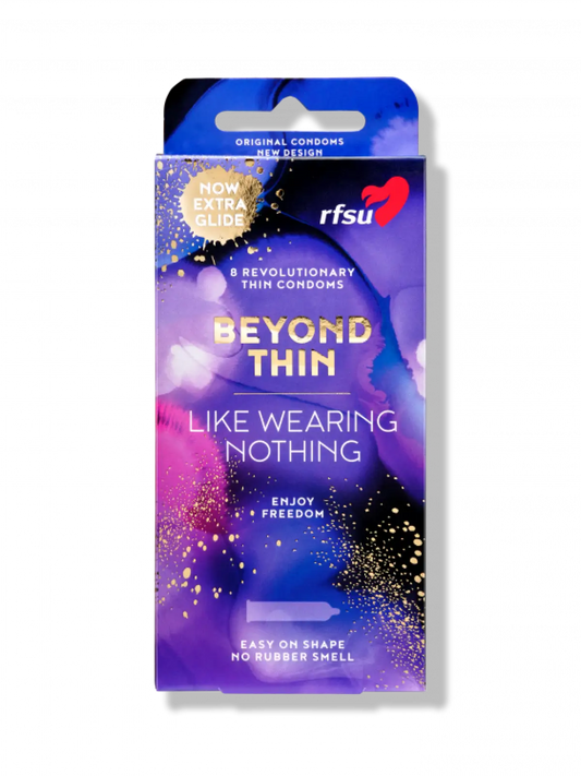 Beyond Thin – True Feeling kondomit, ainutlaatuisen ohuet ja hajuttomat. Pakkauksessa 8 kpl, paksuus vain 0,04 mm.