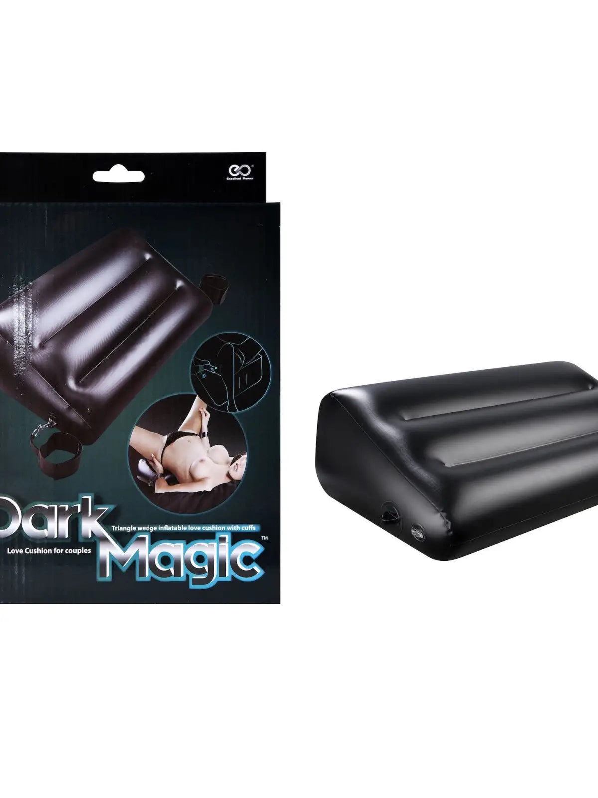 Dark Magic puhallettava seksityyny, tukee seksiasentoja ja suuseksiä, sisältää kahleet, kestävä PVC ja jopa 135 kg painoraja.