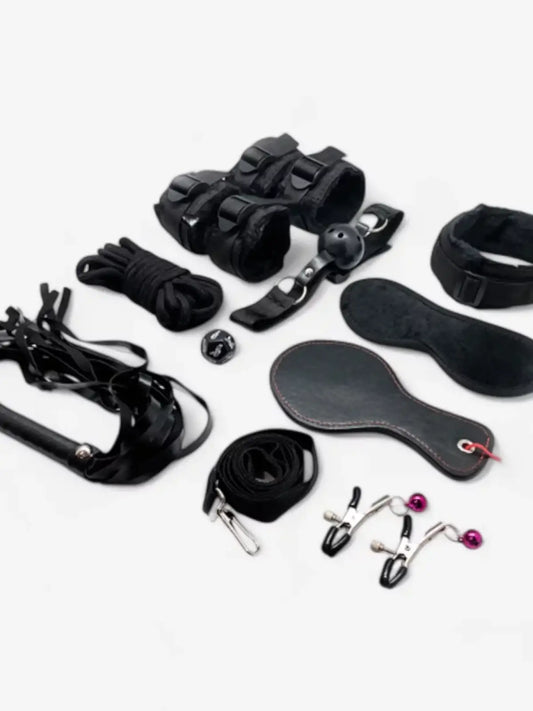 Täydellinen Bondage Setti – sisältää käsikahleet, nilkkakahleet, kaulapannan, suupallon, ruoskan, köyden yhdessä paketissa