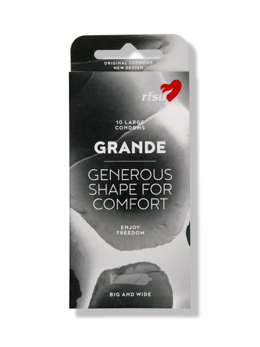 Grande-kondomi, pidempi ja leveämpi malli. Varma ja vahva lateksikondomi, pituus 190 mm ja leveys 55 mm. Pakkauksessa 10 kpl.