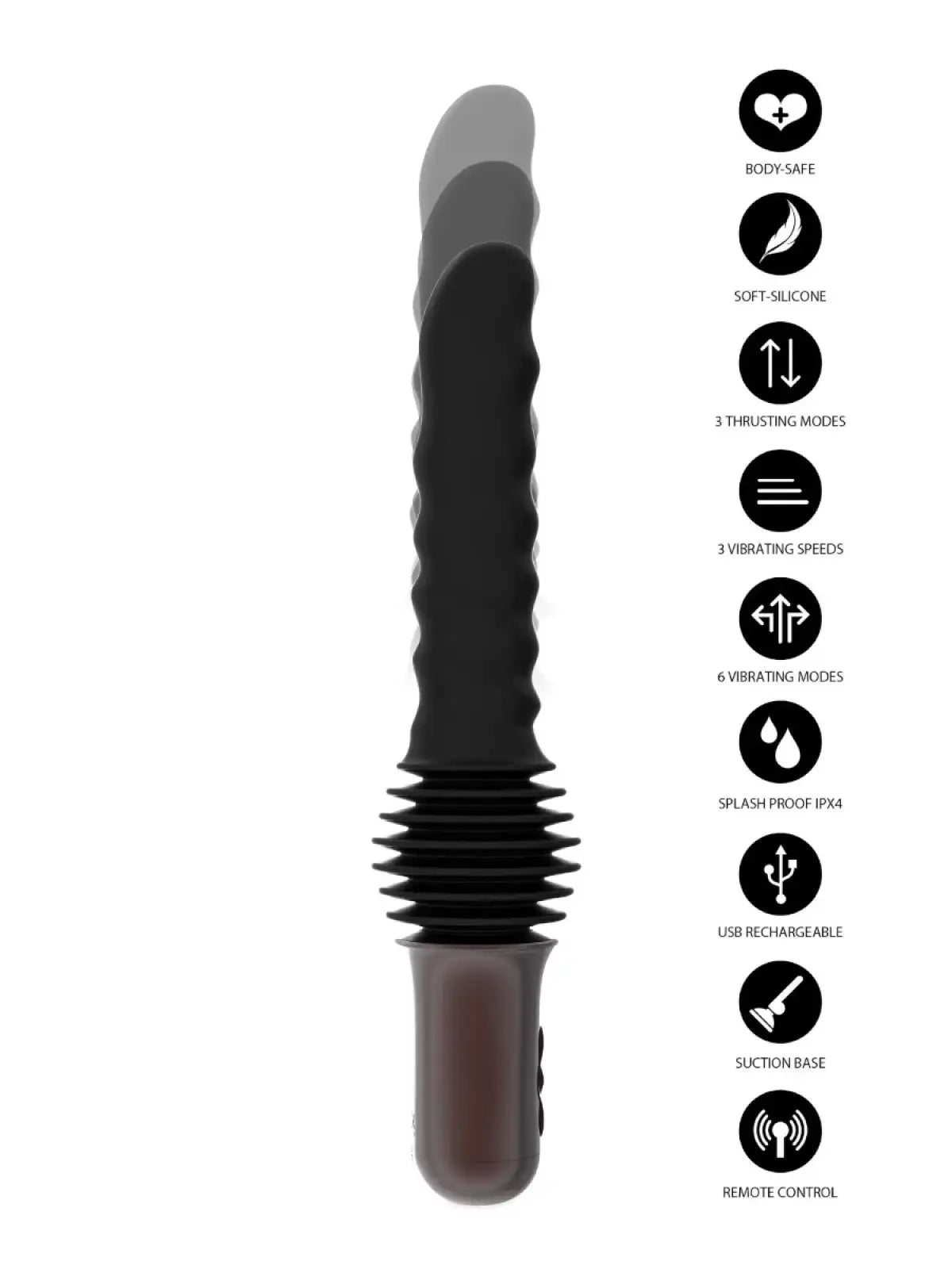 Mustan värinen ladattava työntyvä anaalivibraattori kaukosäätimellä ja imukupilla, valmistettu 100 % silikonista, 17,5 cm insertiolla. Ohjeet