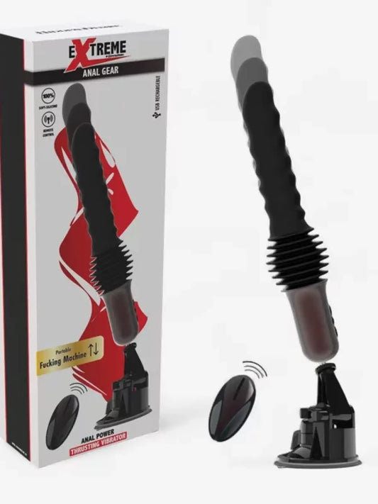 Mustan värinen ladattava työntyvä anaalivibraattori kaukosäätimellä ja imukupilla, valmistettu 100 % silikonista, 17,5 cm insertiolla.