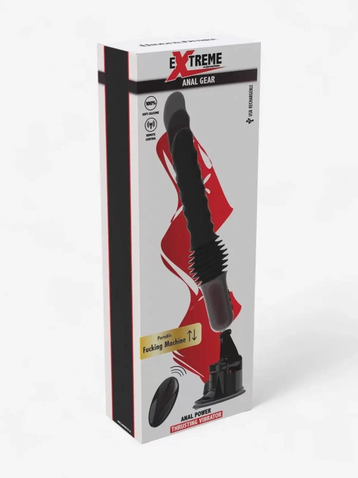 Mustan värinen ladattava työntyvä anaalivibraattori kaukosäätimellä ja imukupilla, valmistettu 100 % silikonista, 17,5 cm insertiolla. Paketti