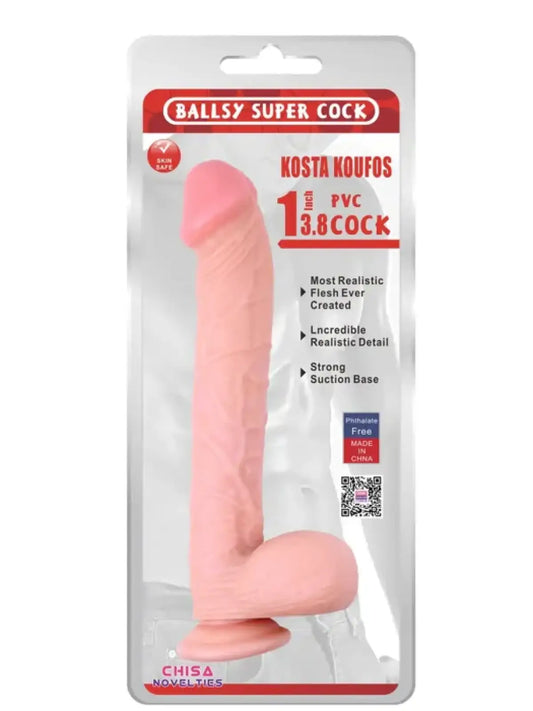 Kosta Koufos realistinen dildo 10", pehmeä PVC, miellyttävä tuoksu ja vahva imukuppi – suurikokoinen nautinto