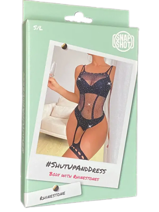 Musta verkkokankainen catsuit, kiinni ommellut sukat ja blingbling-koristeet. Yksi koko, sopii kokoihin 34–40 – näyttävä ja eroottinen asu.