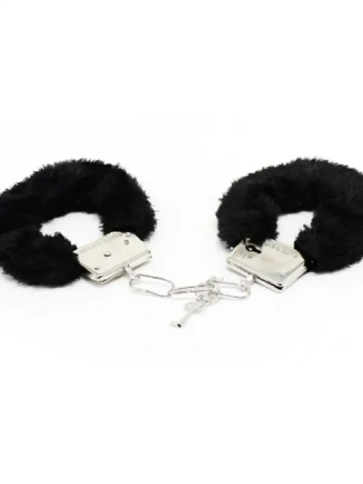 Metalliset käsiraudat mustalla karvapehmusteella, irrotettavat, avaimilla ja pikavapautuksella – sidontaa pehmeästi ja turvallisesti.