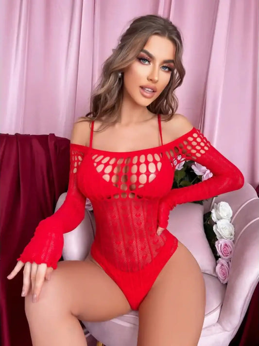 Punainen pitkaehihainen body naisten asut erotiikan – seksikäs asukokonaisuus fantasialeikkeihin tai rohkeaan roolipukeutumiseen.