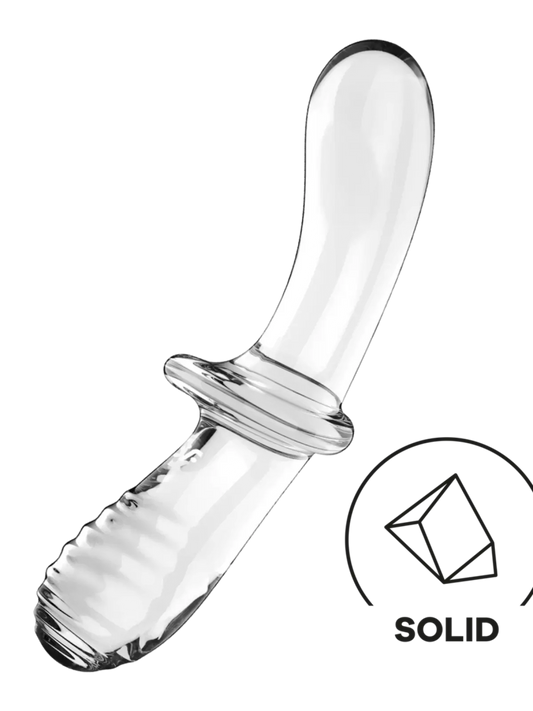 Satisfyer Double Crystal on kaksipäinen lasidildo, jossa sileä ja uritettu varsi sekä keskikahva miellyttävään käyttöön.