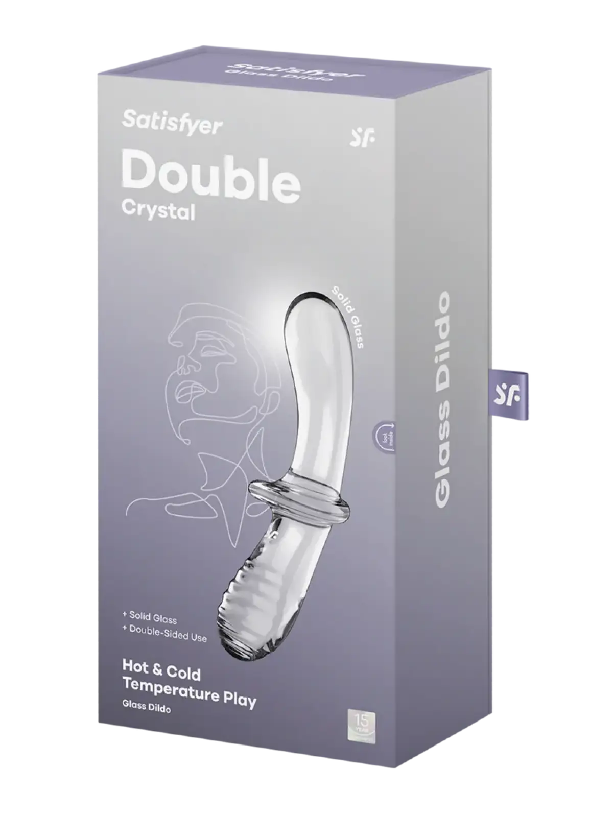 Satisfyer Double Crystal on kaksipäinen lasidildo, jossa sileä ja uritettu varsi sekä keskikahva turvalliseen käyttöön.