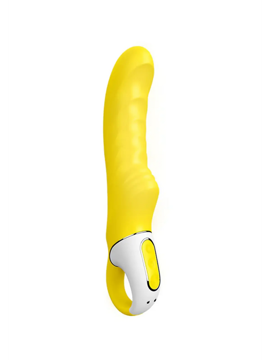 Satisfyer Yummy Sunshine on kaareva, uritettu vibraattori G-pisteen stimulaatioon ja voimakkaisiin nautintoväreisiin.