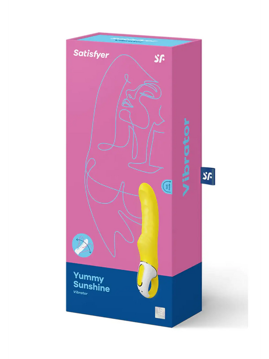 Satisfyer Yummy Sunshine on kaareva, uritettu vibraattori G-pisteen stimulaatioon ja voimakkaisiin nautintoväreisiin.