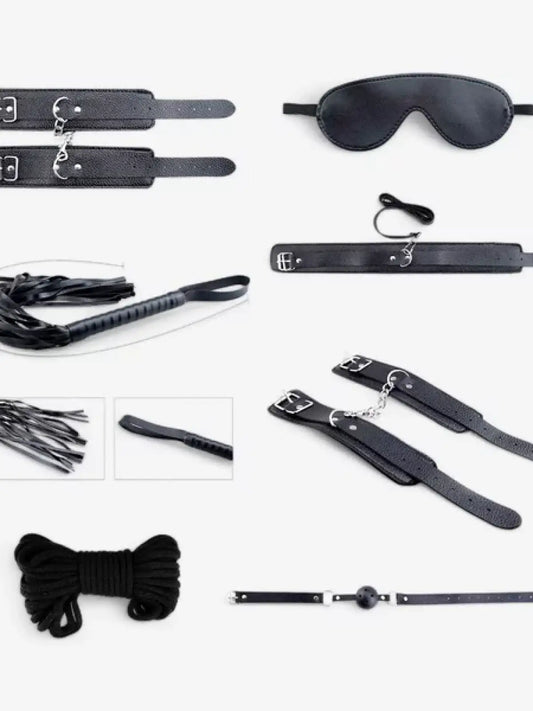 Secret Desires Bondage -setti sisältää 8 eroottista välinettä, jotka sopivat aloittelijoille ja kokeneille nautiskelijoille.