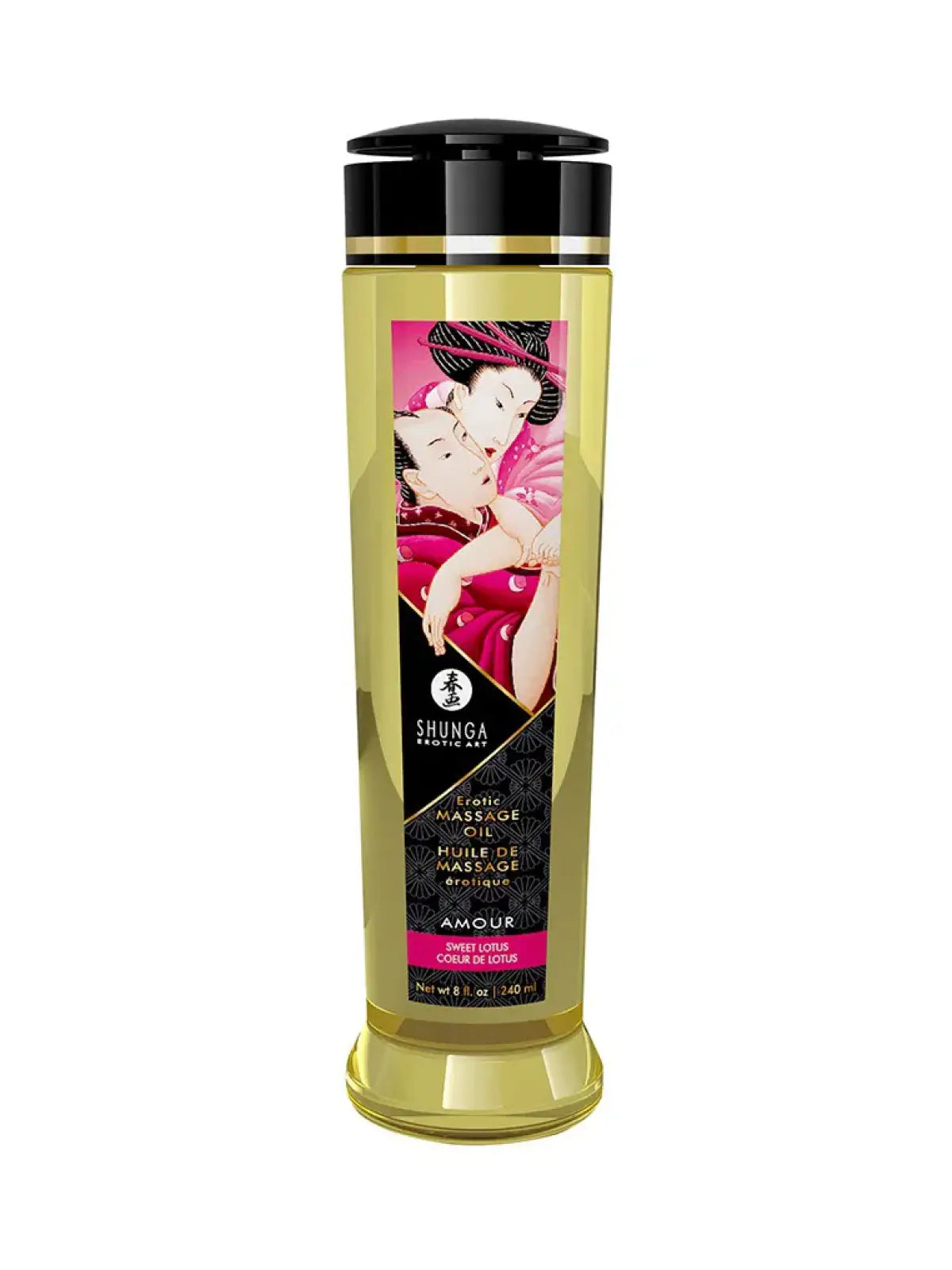 Aistillinen Shunga Amour Sweet Lotus -hierontaöljy 240 ml – liukuu iholla pehmeästi ja luo lämpimän, rentouttavan tunnelman.