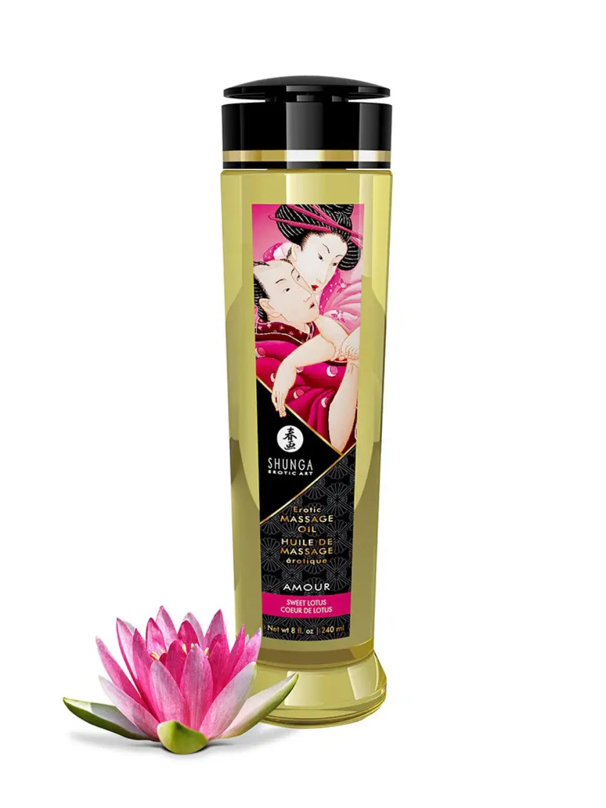 Aistillinen Shunga Amour Sweet Lotus -hierontaöljy 240 ml – liukuu iholla pehmeästi ja luo lämpimän, rentouttavan tunnelman.