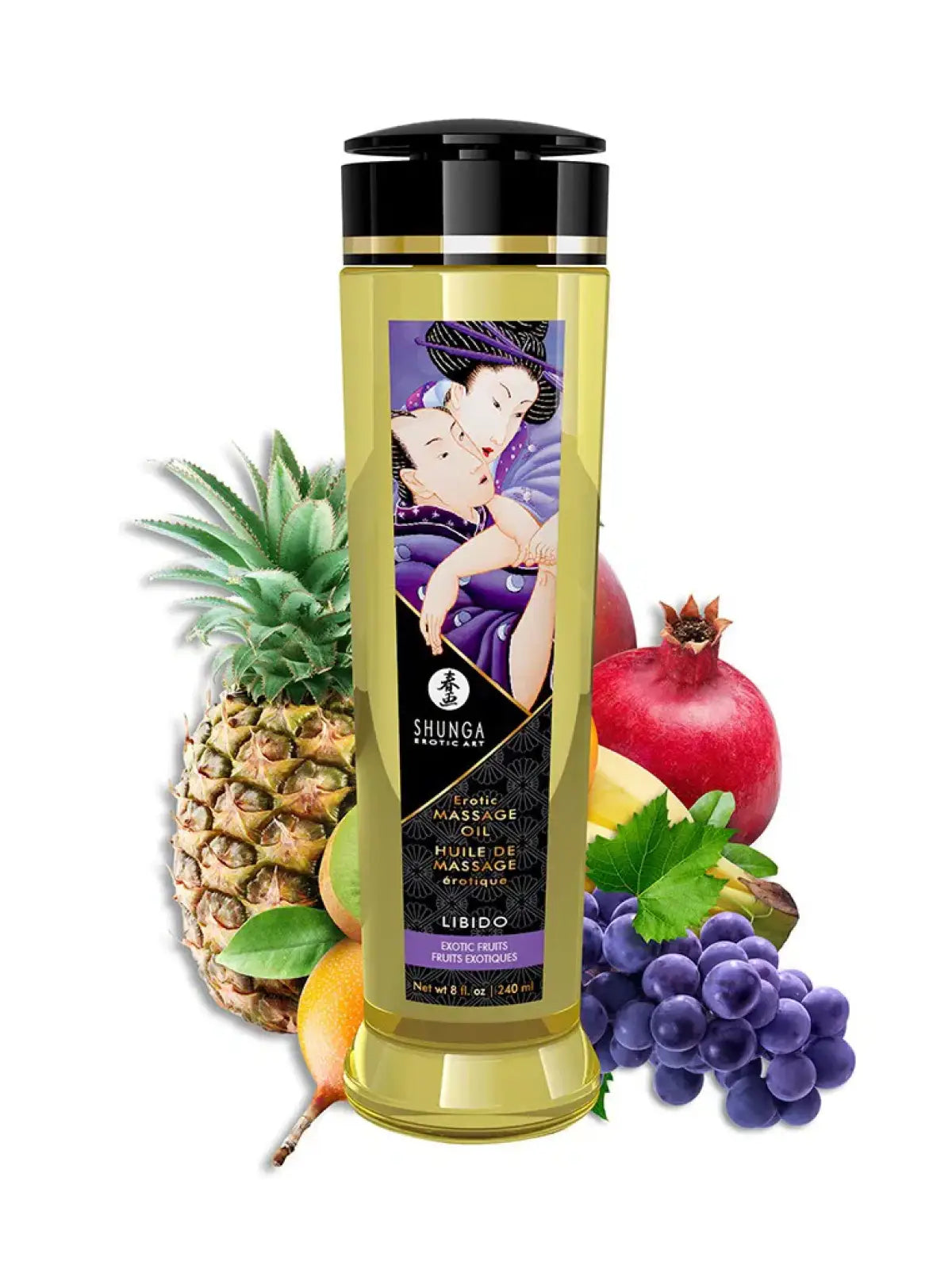 Shunga Libido Exotic Fruits -hierontaöljy liukuu pehmeästi iholla ja hemmottelee aisteja eksoottisen hedelmäisellä tuoksulla.