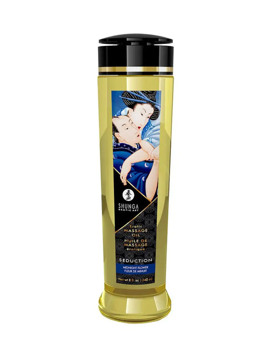 Shunga Seduction Midnight Flowers -hierontaöljy 240 ml liukuu iholla pehmeästi ja tuo aistillista tuoksua intiimeihin hetkiin.