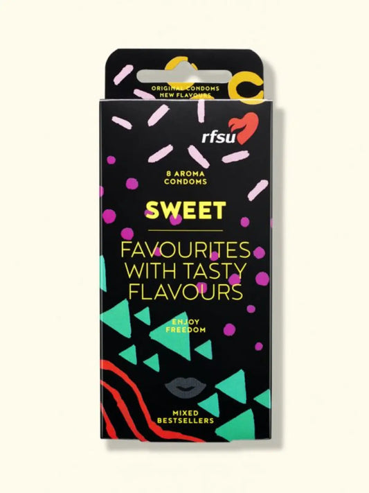 Sweet-kondomit 8 kpl lajitelmapakkaus. Eri makuja ja muotoja kuten mansikka, vanilja, banaani ja viinirypäle.