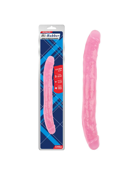 Tupladildo, valmistettu pehmeästä ja taipuisasta jellymateriaalista. 32,5 cm pitkä ja 3,5–4 cm paksu, ftalaatiton ja monikäyttöinen.