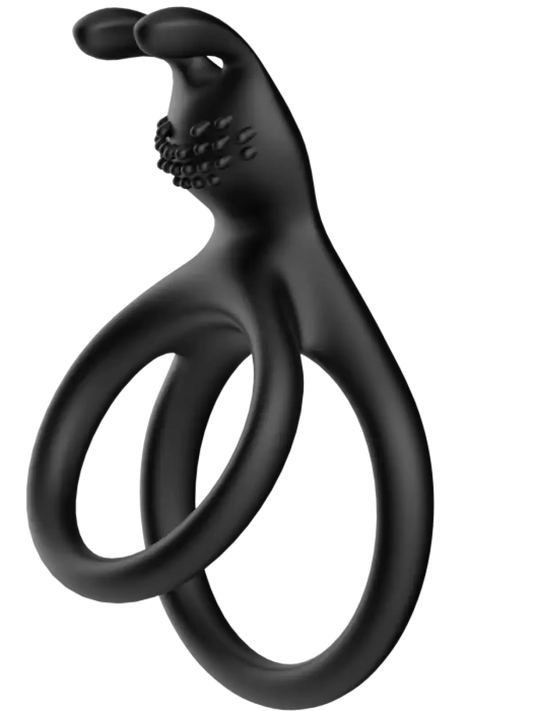 Silikoninen tuplapenisrengas, jossa pupunkorvat klitoriksen kiihottamiseen. Ihoystävällinen materiaali ja yhteistä nautintoa lisäävä muotoilu.