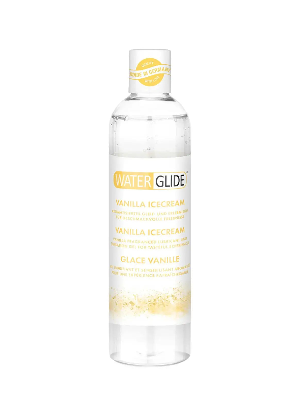 Waterglide Vanilja Liukuvoide, vesipohjainen ja pitkäkestoinen. Pehmeä ja silkkinen koostumus, vaniljan makea tuoksu, 300 ml pullo.