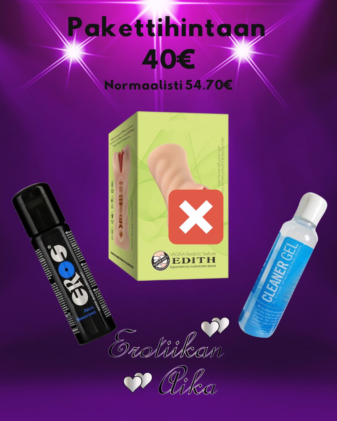 Edith tekovagina + Eros vesipohjainen liukuvoide + Lelujen puhdistusaine