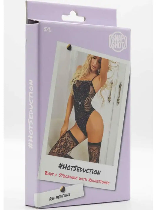 Musta verkkobody ja sukat, yhden koon setti (34–40), näyttävä ja seksikäs asu joka korostaa vartalon muotoja ja itsevarmuutta.