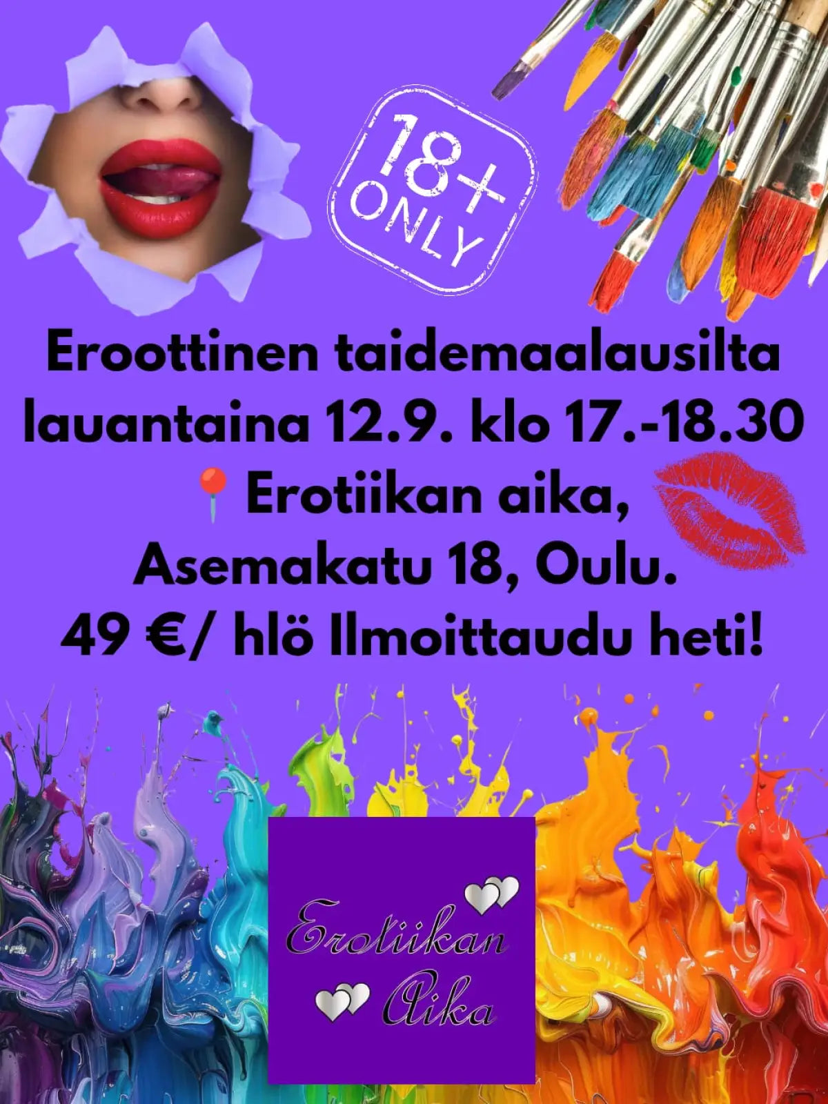 Eroottinen taideilta 12.9.2026 klo 17 alkaen | Muut | Erotiikan Ajassa la 12.9. klo. Hinta 49 € Voit ottaa mukaasi omia