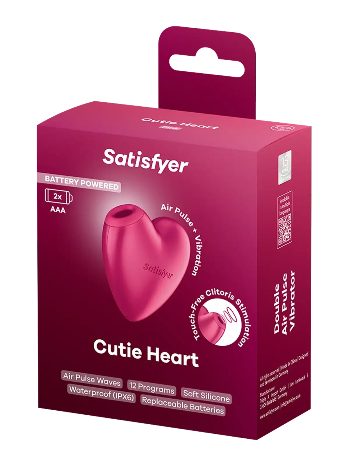 Satisfyer - Paristokäyttöinen sarja - Cutie Heart - Ilmapulssivibraattori - Vaaleanpunainen

Leikkisä muotoilu, vakavasti otettavat tuntemukset

Anna Satisfyer Cutie Heartin vietellä itsesi: kompakti, sydämenmuotoinen klitorisstimulaattori, joka yhdistää leikkisyyden tehokkaaseen teknologiaan.

Ainutlaatuisen 2-in-1-ilmapulssiaaltojen ja värähtelyjen ansiosta voit nauttia kohdennetusta ja intensiivisestä stimulaatiosta – juuri tarpeisiisi räätälöitynä.

Cutie Heartissa on kaksi itsenäisesti säädettävää moot