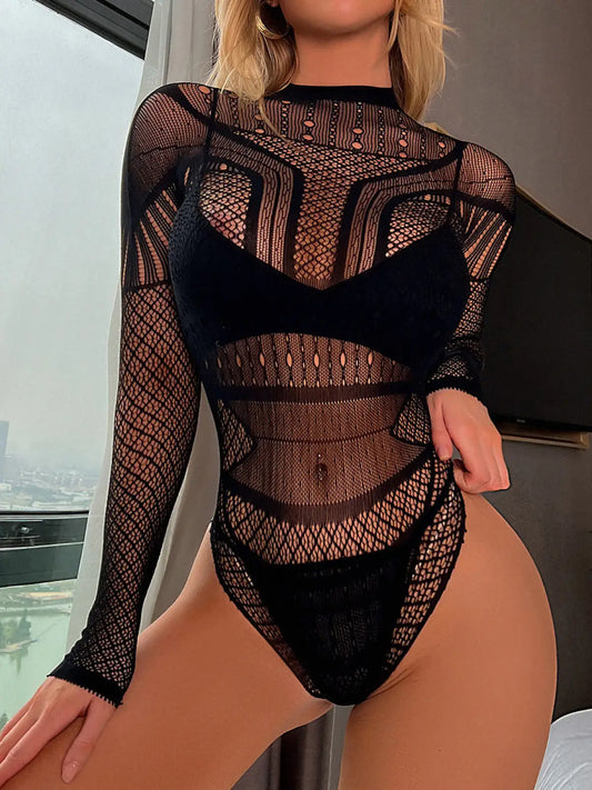Naisten musta verkkobody, jossa pitkät hihat ja geometrinen kuviointi – seksikäs ja istuva yhden koon asu (36–40).